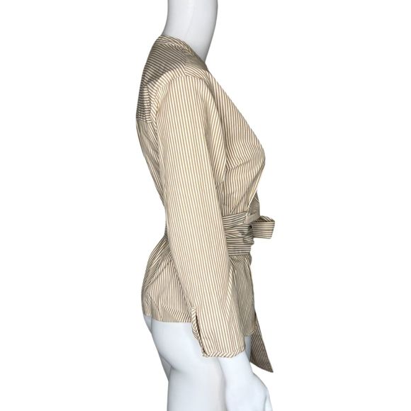 J. Crew Shirt Women Small Petite Wrap Blouse Brown Stripe Mandarin Collar Belted - Picture 2 of 6